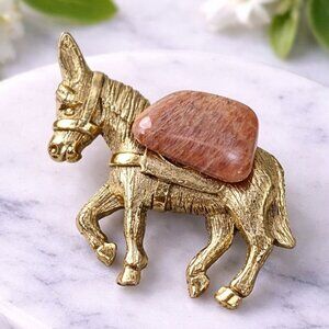 Vintage Gold-Tone Donkey Brooch With Faux Sunstone Saddle Intricate Detailing Pi